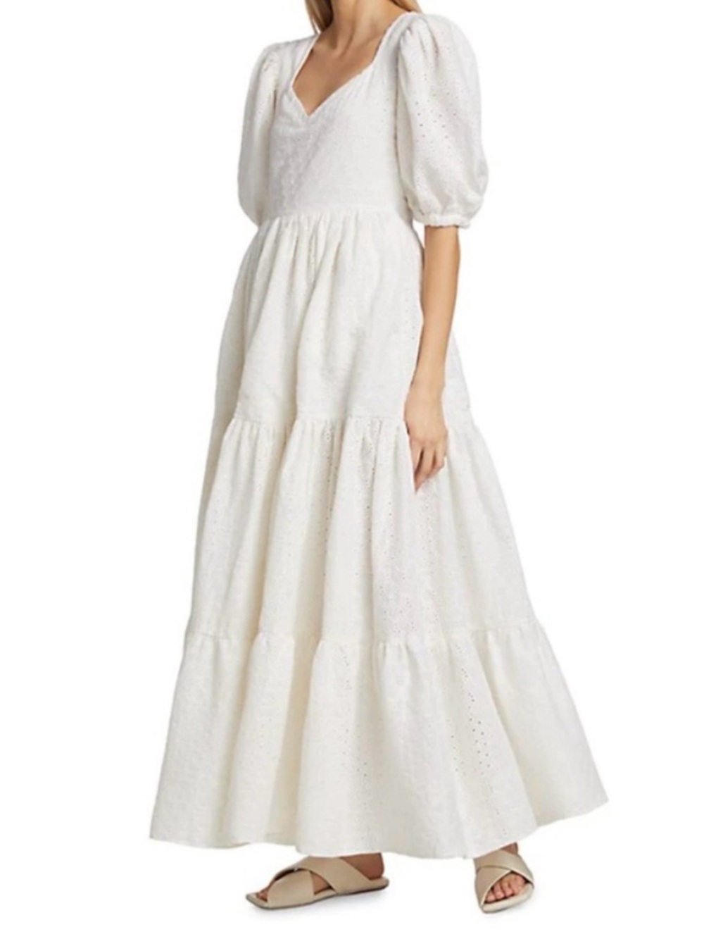 Mille Maja White Eyelet Tiered Maxi Dress with Puff Sleeves, Women's Small, $354 - Picture 2 of 12